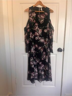 Black Floral Cold-Shoulder Midi Dress with Pink Roses